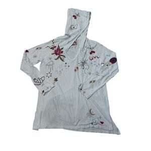 Johnny Was Shirt White Embroidery Long Sleeve Hoodie 100% Cotton Sz M